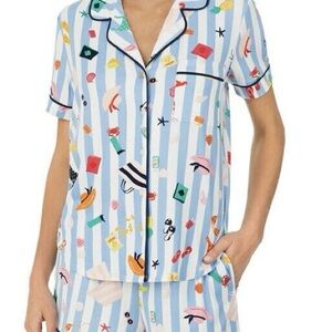 Kate Spade Novelty Print Pajama Top Shirt | Striped Short Sleeve Button Up